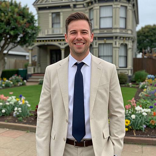 Young Man in Beige Suit Smiling in Front of Victorian House with Garden