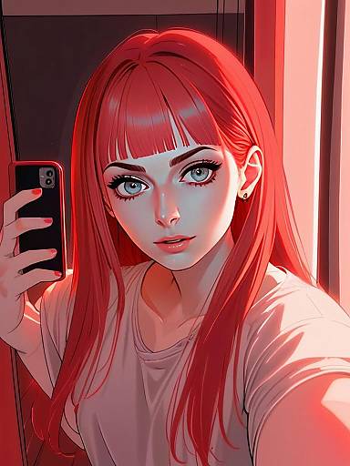 Digital Illustration of Young Woman with Red Hair Taking Selfie