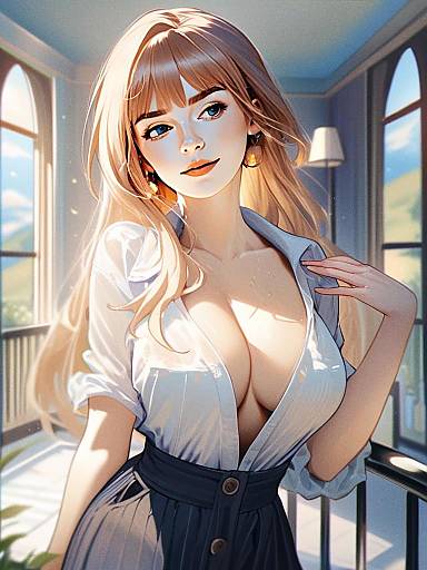 Anime Style Portrait of Blonde Woman in White Blouse and Skirt Indoors