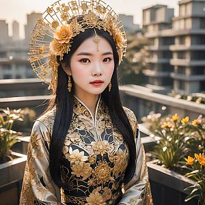 Elegant Young Woman in Traditional Outfit Against Urban Backdrop
