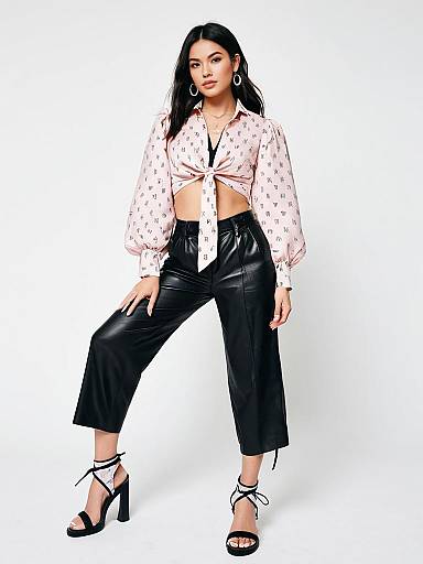 Woman in Contemporary Streetwear Pale Pink Tie-Front Cropped Blouse and Black Leather Pants