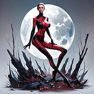 Futuristic Woman in Red Bodysuit Under Full Moon