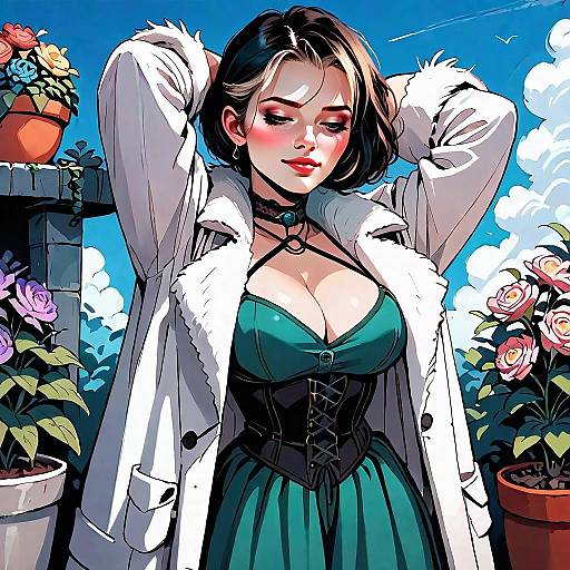Stylish Woman in Vibrant Garden Comic Art Illustration