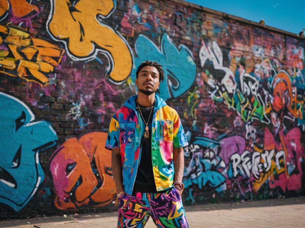 Young man in hip-hop outfit by graffiti wall