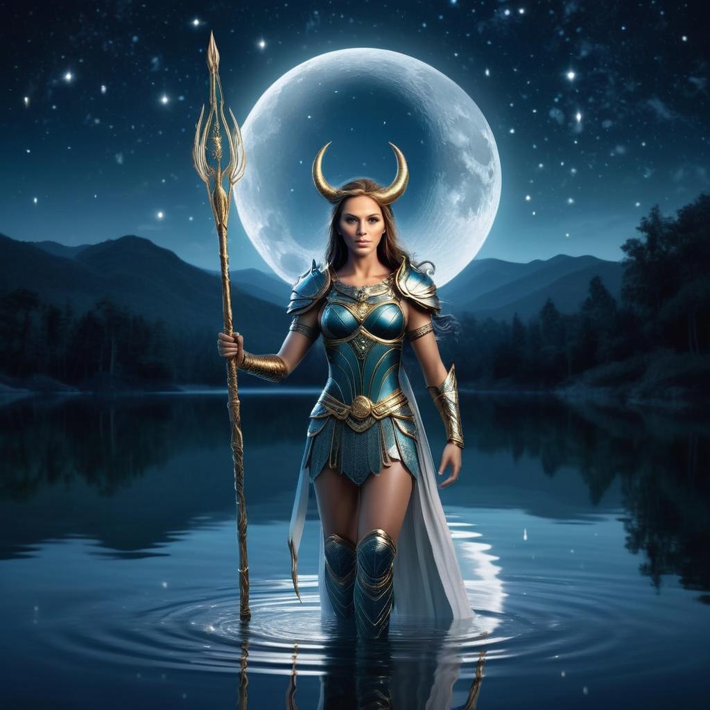 Warrior Woman in Armor Under Moonlit Sky