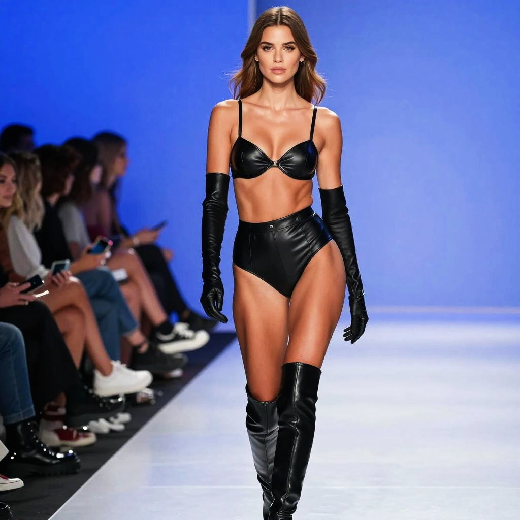 Woman in Black Leather Lingerie and Thigh-High Boots on Runway