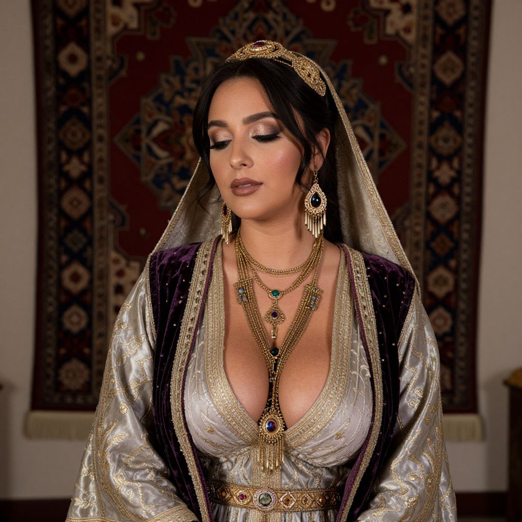 Woman in Traditional Embroidered Costume with Gold Jewelry and Headpiece