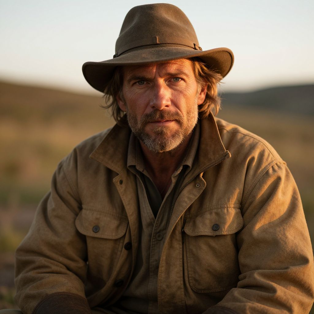 Rugged Man in Brown Hat and Jacket Outdoors