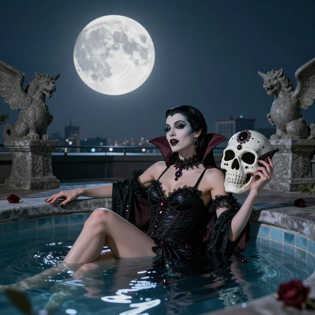 Gothic Vampire Woman in Pool Under Full Moon with Skull
