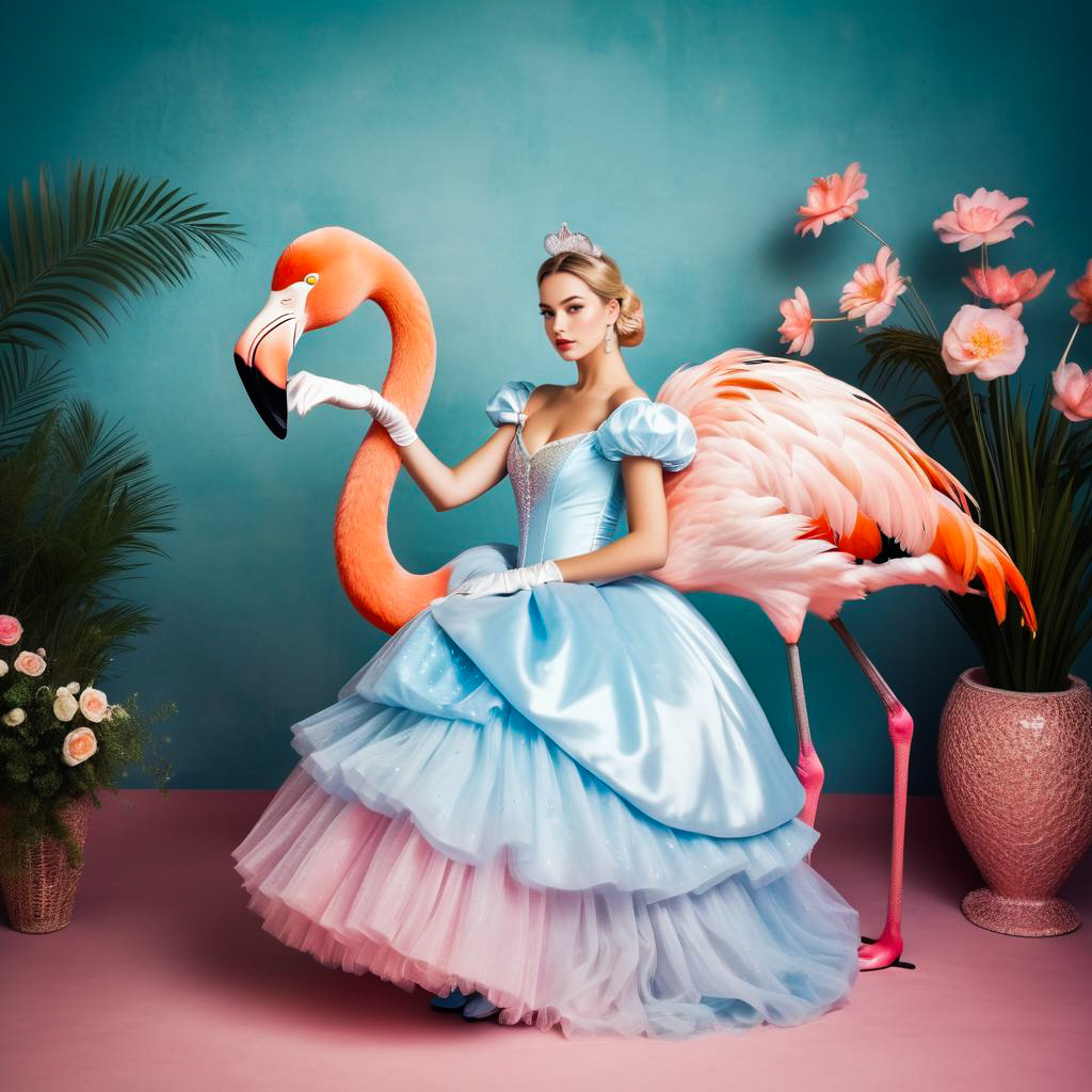 Whimsical Woman in Blue Gown with Flamingo