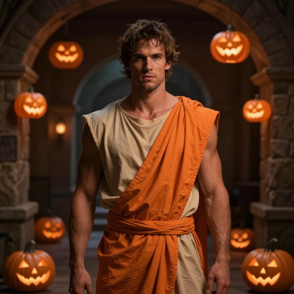 Man in Roman Toga Halloween Costume with Jack-o-Lanterns