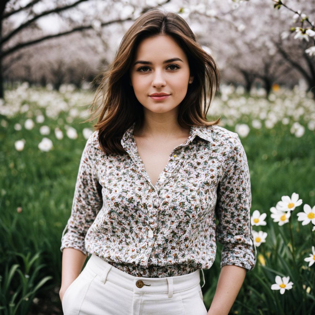 Spring Casual Outfit Woman in Floral Blouse and White Pants in Blooming Garden