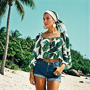 Woman in Tropical Leaf Print Blouse and Denim Shorts on Beach