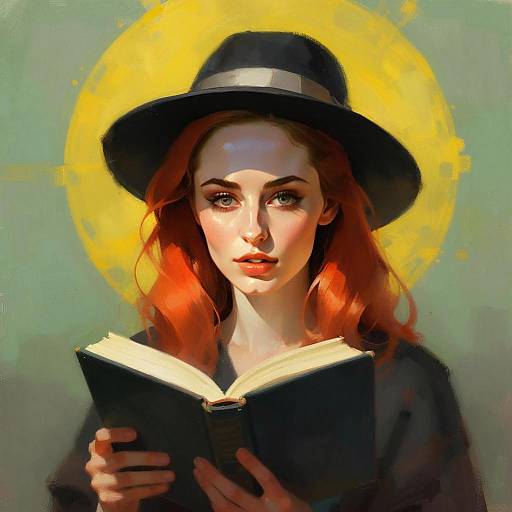 Red-Haired Woman Reading Book with Black Hat Digital Portrait