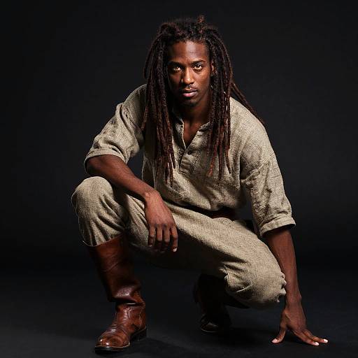 Young Man with Dreadlocks in Linen Outfit and Leather Boots