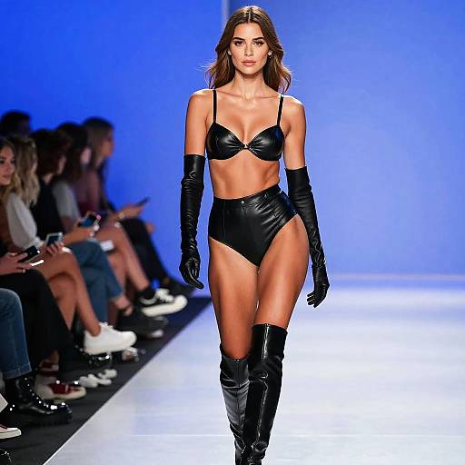 Woman in Black Leather Lingerie and Thigh-High Boots on Runway