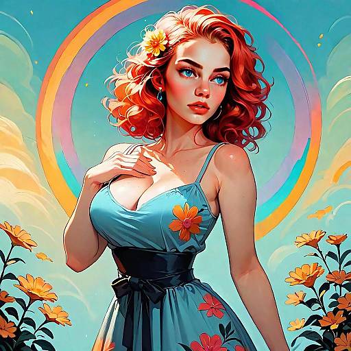 Red-Haired Woman in Blue Floral Dress Surrounded by Orange Flowers - Digital Art