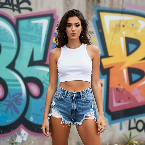 Stylish Gen Z Woman in Cropped Top and Distressed Denim Shorts Against Graffiti Wall