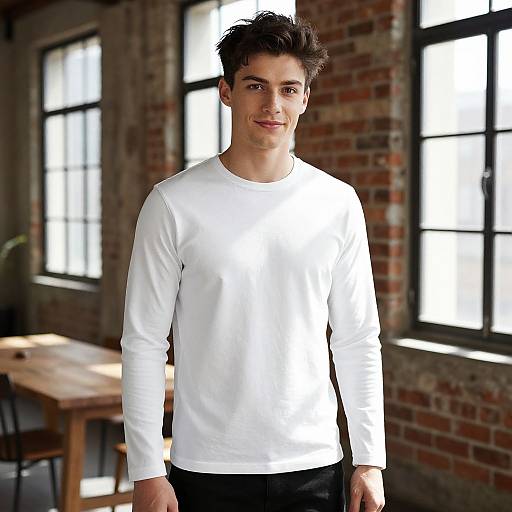 Young Man in White Long Sleeve Shirt in Industrial Loft Interior