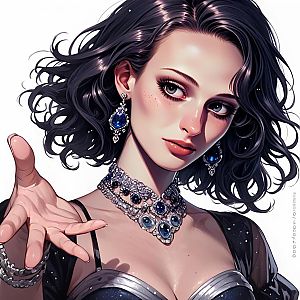Anime Woman with Blue Eyes and Gemstone Jewelry