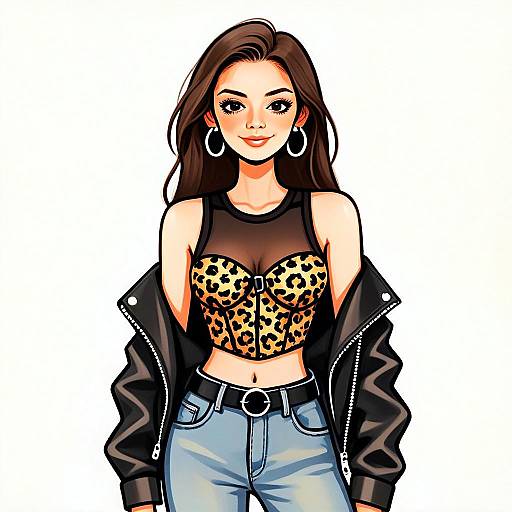 Edgy Street Style Woman Wearing Leopard Print Corset and Leather Jacket Illustration