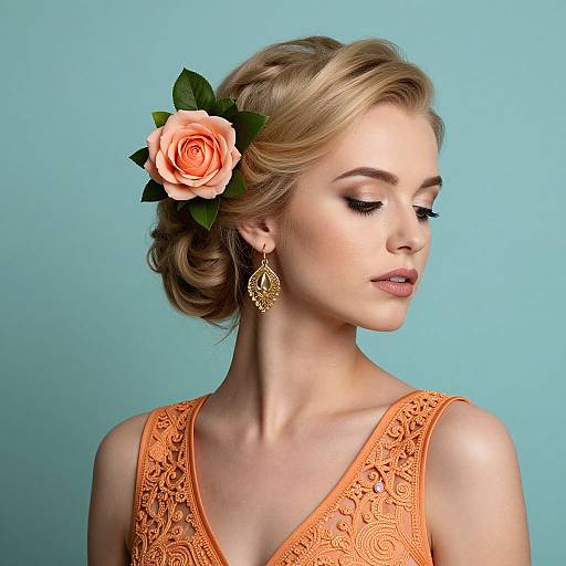 Elegant Blonde Woman with Peach Rose and Intricate Orange Dress