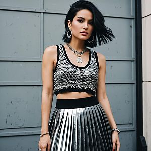 Fashionable Woman in Metallic Pleated Skirt and Chainmail Crop Top