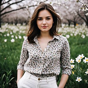 Spring Casual Outfit Woman in Floral Blouse and White Pants in Blooming Garden