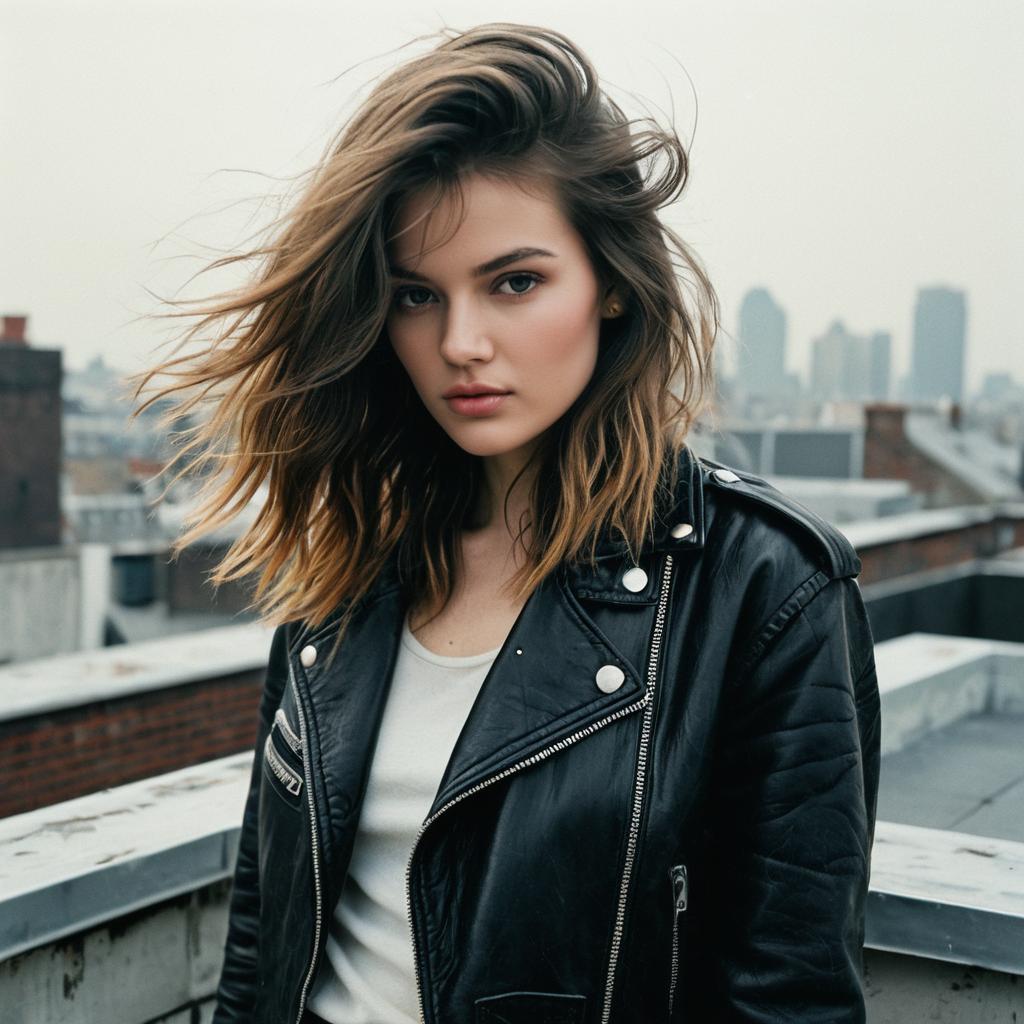 Young Woman in Black Leather Jacket on Urban Rooftop