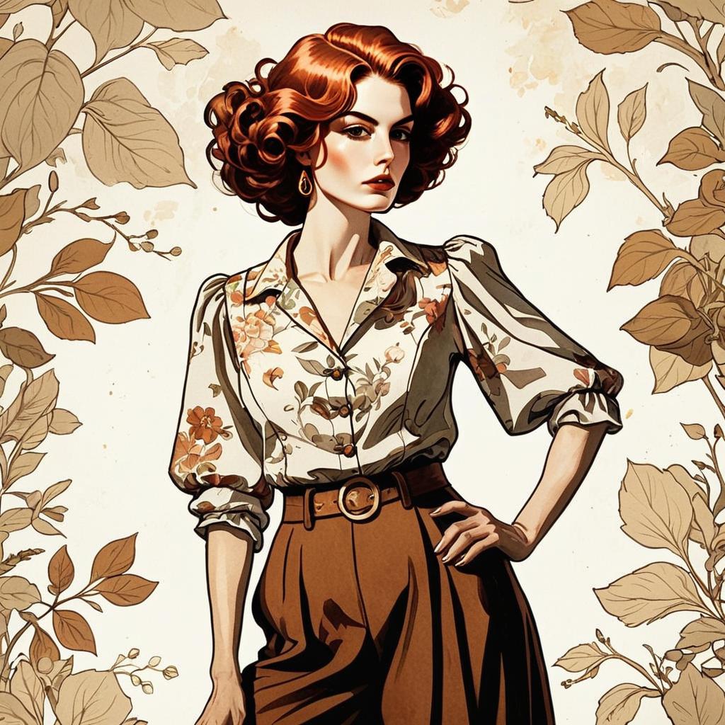 Vintage Style Woman in Floral Blouse and Brown Trousers Digital Illustration