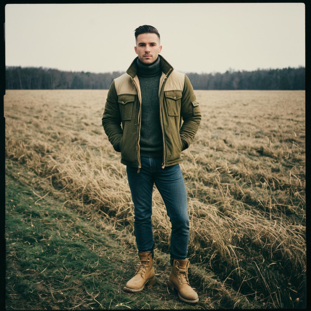 Man in Green Jacket and Tan Boots Standing in Field Outdoors