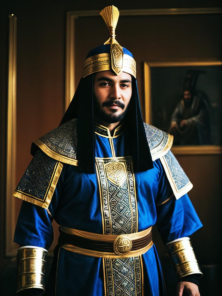 Man in Detailed Blue and Gold Ancient Royalty Costume with Headdress