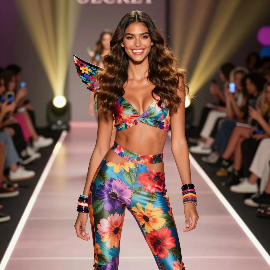 Gen Z Fashion Model Wearing Floral Crop Top and Leggings on Runway