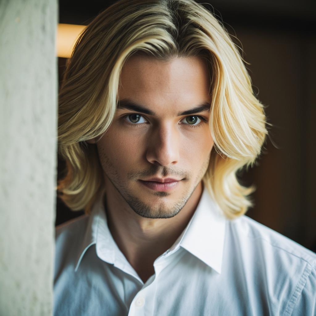 Portrait of Young Blonde Man with White Shirt and Intense Gaze