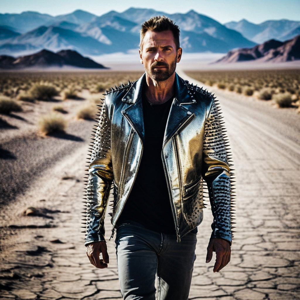 Confident man in metallic jacket on cracked desert road