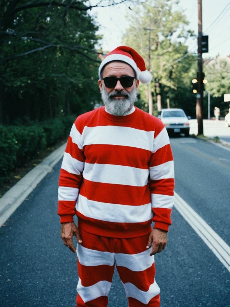 Man in Santa Hat and Striped Outfit on Street