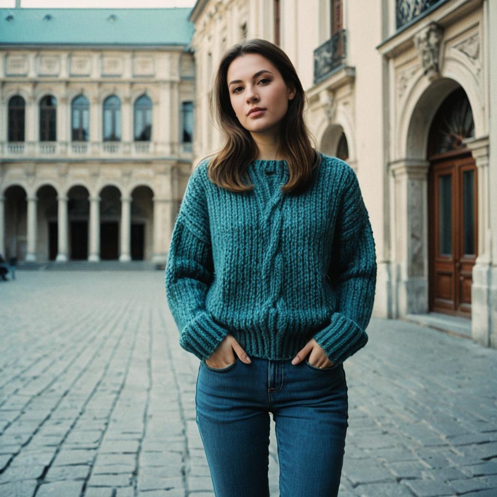 Young Woman in Teal Knitted Sweater in Historic European Courtyard