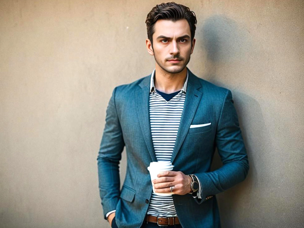 Stylish Young Man in Blazer with Coffee