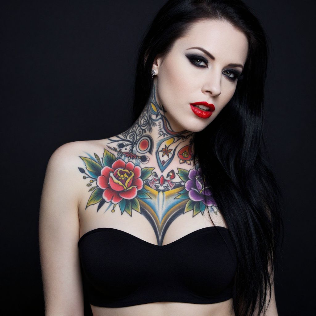 Portrait of Woman with Colorful Neck and Chest Tattoos in Dramatic Makeup