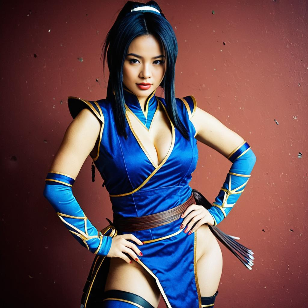 Confident Woman in Blue and Gold Fantasy Cosplay Costume
