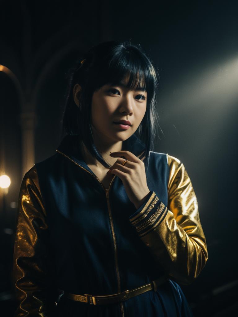 Realistic Hinata Hyuga Cosplay Woman in Navy Blue and Gold Costume