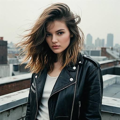 Young Woman in Black Leather Jacket on Urban Rooftop