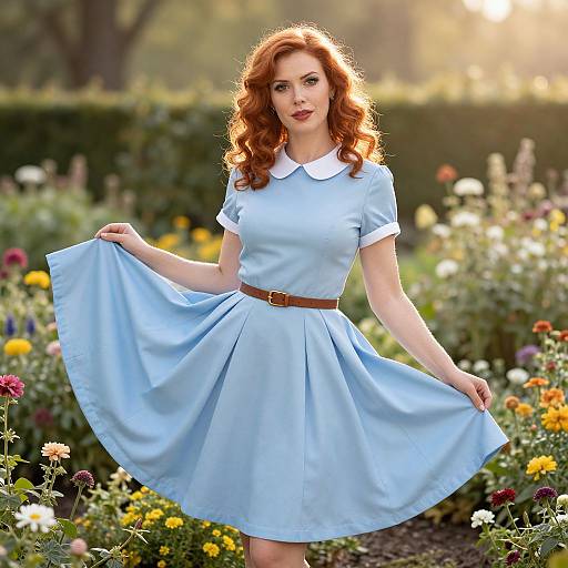 Red-Haired Woman in Vintage Blue Dress Posing in Flower Garden