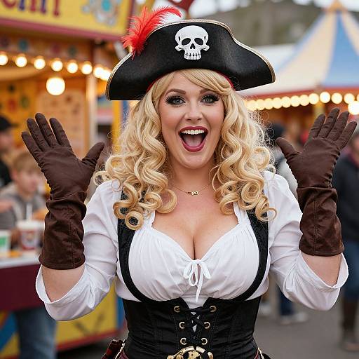 Cheerful Woman in Pirate Costume with Skull Hat at Festival
