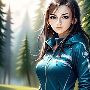 Young Woman in Sporty Blue Jacket in Serene Forest