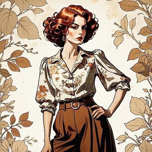 Vintage Style Woman in Floral Blouse and Brown Trousers Digital Illustration
