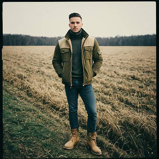 Man in Green Jacket and Tan Boots Standing in Field Outdoors