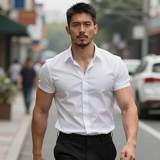 Confident Muscular Man in Fitted White Shirt Walking on City Street