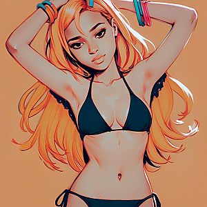 Stylized Woman with Orange Hair in Black Bikini