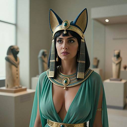 Woman in Ancient Egyptian Costume with Headdress and Jewelry in Museum